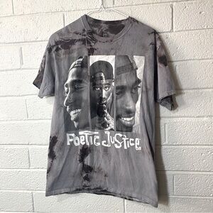 Tupac Poetic Justice Tee Portrait Acid Wash Toe Dye Gray Black and White Rare